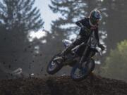 Justin Barcia clears a jump in the 450 Class Moto #2 race during the Lucas Oil Pro Motocross Championships at the Washougal MX Park on Saturday, July 27, 2019.