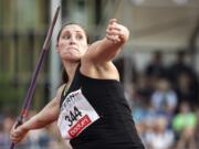 Kara Winger of the United States competes in the women's javelin event at the International Athletics Meeting in Lucerne, Switzerland, on Tuesday, July 9, 2019.