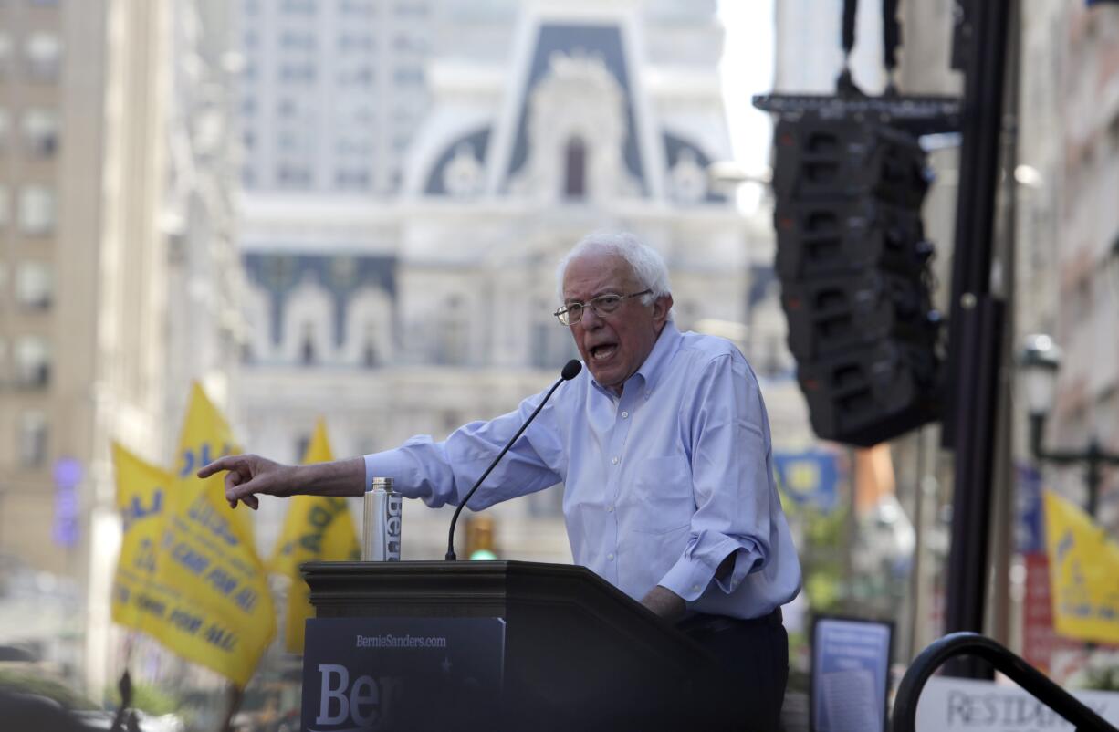 Democratic presidential candidate Bernie Sanders, I-Vt., delivers remarks at a rally alongside unions, hospital workers and community members against the closure of Hahnemann University Hospital in Philadelphia, Monday July 15, 2019.