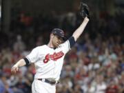 American League pitcher Shane Bieber, of the Cleveland Indians, reacts after striking out National League’s Ronald Acuna Jr., of the Atlanta Braves, to end the top of the fifth inning of the MLB baseball All-Star Game, Tuesday, July 9, 2019, in Cleveland.