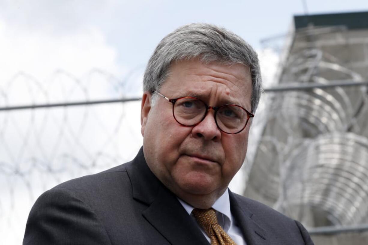 Attorney General William Barr speaks to reporters after touring the Edgefield Federal Correctional Institution Monday in Edgefield, S.C.