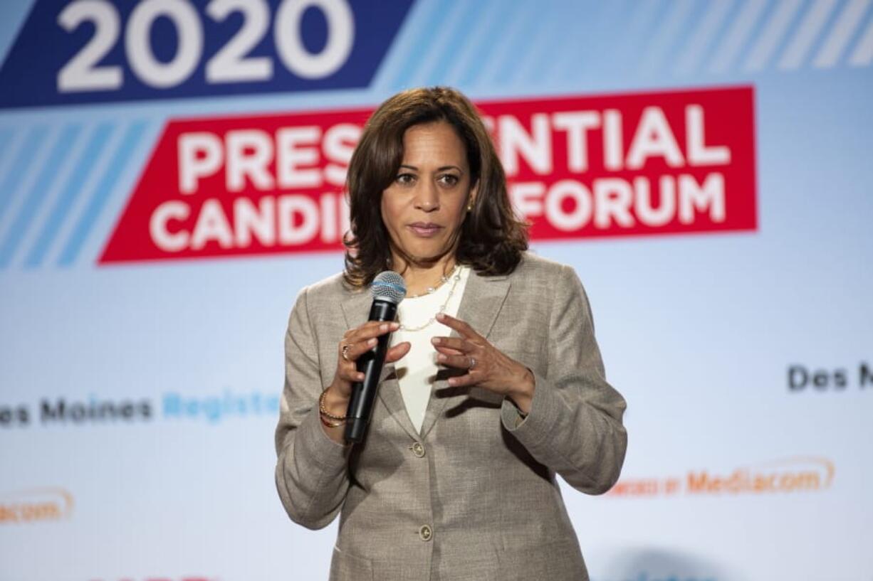 U.S. Sen. Kamala Harris, D-Calif., speaks at the AARP Presidential Forum at the Waterfront Convention Center in Bettendorf, Iowa on Tuesday, July 16, 2019.