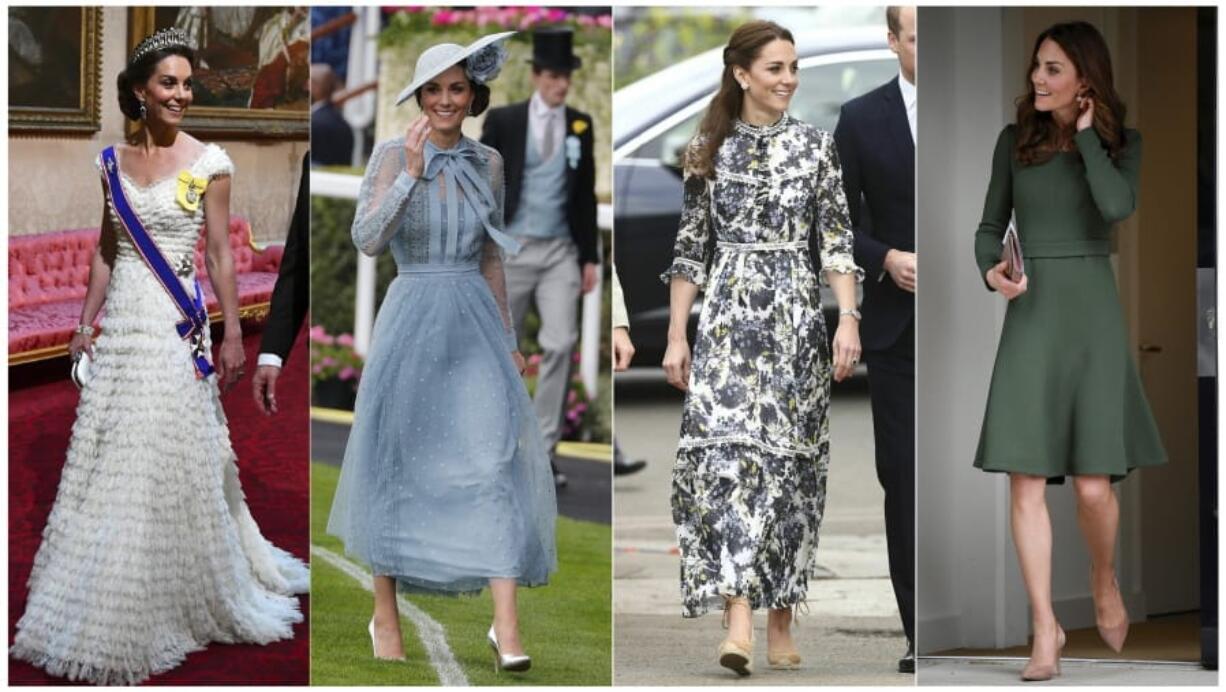 This combination photo shows Britain’s Kate, the Duchess of Cambridge, at the State Banquet at Buckingham Palace in London, on June 3, 2019., from left, at the annual Royal Ascot horse race meeting in Ascot, England on June 18, 2019, at the RHS Chelsea Flower Show at the Royal Hospital Chelsea in London on May 20, 2019 and at the Anna Freud Centre, where she opened their new building, The Kantor Centre of Excellence, in London, on May 1, 2019. Meghan, the Duchess of Sussex and Kate, the Duchess of Cambridge continue to be trendsetters and bloggers have made careers out of tracking who and what they wear.