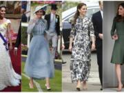 This combination photo shows Britain’s Kate, the Duchess of Cambridge, at the State Banquet at Buckingham Palace in London, on June 3, 2019., from left, at the annual Royal Ascot horse race meeting in Ascot, England on June 18, 2019, at the RHS Chelsea Flower Show at the Royal Hospital Chelsea in London on May 20, 2019 and at the Anna Freud Centre, where she opened their new building, The Kantor Centre of Excellence, in London, on May 1, 2019. Meghan, the Duchess of Sussex and Kate, the Duchess of Cambridge continue to be trendsetters and bloggers have made careers out of tracking who and what they wear.