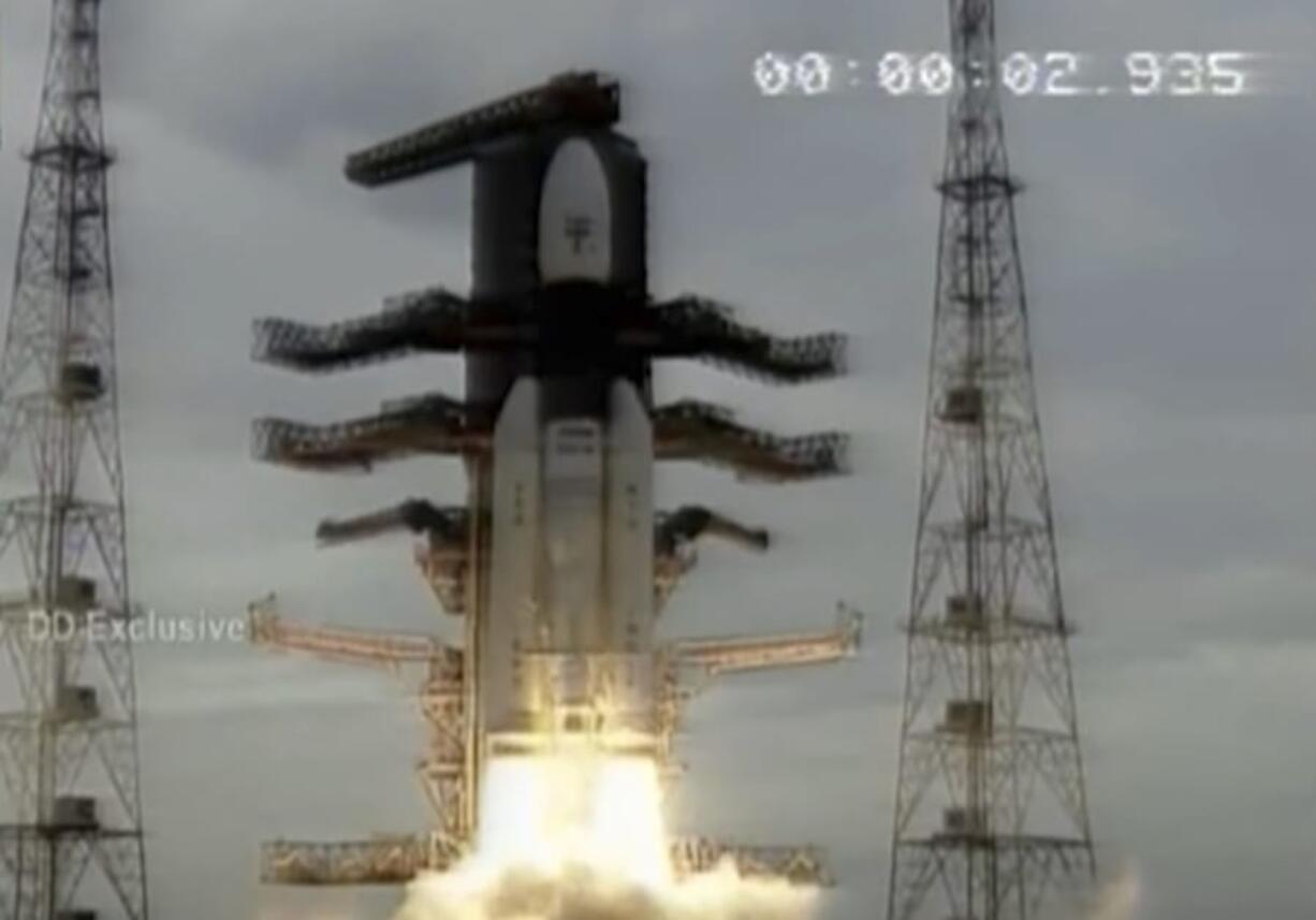 This image made from video aired by India’s state owned Doordarshan television shows Indian Space Research Organization (ISRO)’s Geosynchronous Satellite launch Vehicle (GSLV) MkIII carrying Chandrayaan-2 lift of from Satish Dhawan Space center in Sriharikota, India, Monday, July 22, 2019. India’s space agency says it has launched an unmanned spacecraft to the far side of the moon a week after aborting the mission due to a technical problem.