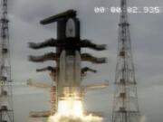 This image made from video aired by India’s state owned Doordarshan television shows Indian Space Research Organization (ISRO)’s Geosynchronous Satellite launch Vehicle (GSLV) MkIII carrying Chandrayaan-2 lift of from Satish Dhawan Space center in Sriharikota, India, Monday, July 22, 2019. India’s space agency says it has launched an unmanned spacecraft to the far side of the moon a week after aborting the mission due to a technical problem.