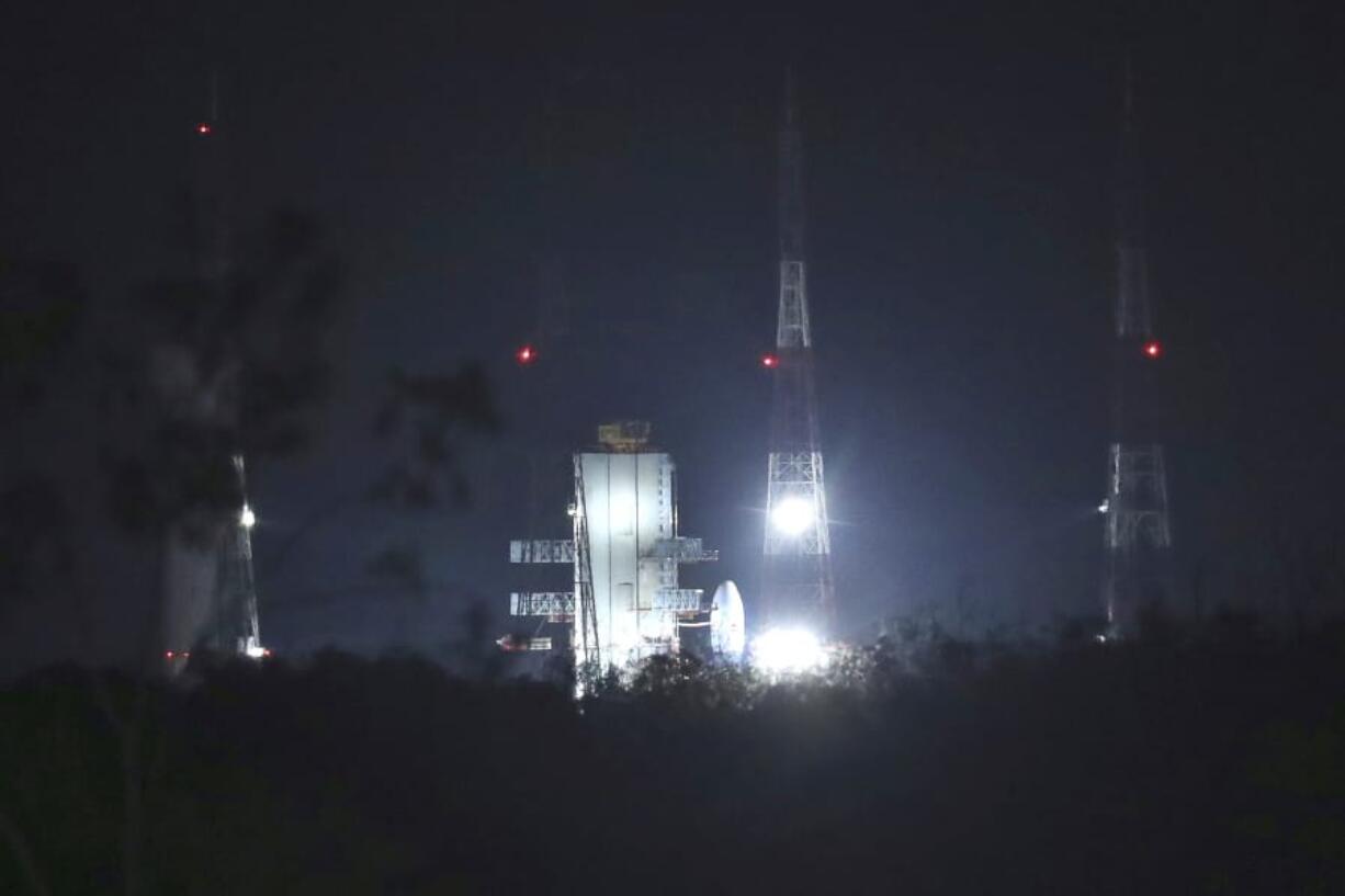 Indian Space Research Organization (ISRO)’s Geosynchronous Satellite launch Vehicle (GSLV) MkIII carrying Chandrayaan-2 stands at Satish Dhawan Space Center after the mission was aborted at Sriharikota in southern India, Monday, July 15, 2019. India has called off the launch of a moon mission to explore the lunar south pole. The Chandrayaan-2 mission was aborted less than an hour before takeoff on Monday. An Indian Space Research Organization spokesman says a “technical snag” was observed in the 640-ton launch-vehicle system.