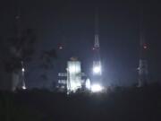 Indian Space Research Organization (ISRO)’s Geosynchronous Satellite launch Vehicle (GSLV) MkIII carrying Chandrayaan-2 stands at Satish Dhawan Space Center after the mission was aborted at Sriharikota in southern India, Monday, July 15, 2019. India has called off the launch of a moon mission to explore the lunar south pole. The Chandrayaan-2 mission was aborted less than an hour before takeoff on Monday. An Indian Space Research Organization spokesman says a “technical snag” was observed in the 640-ton launch-vehicle system.