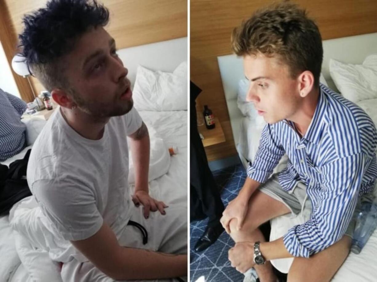 Gabriel Christian Natale Hjorth, right, and Finnegan Lee Elder sit in their hotel room in Rome.