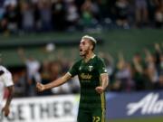 Portland Timbers' Cristhian Paredes (22) reacts during the first half of an MLS soccer match against the LA Galaxy in Portland, Ore., on Saturday, July 27, 2019.