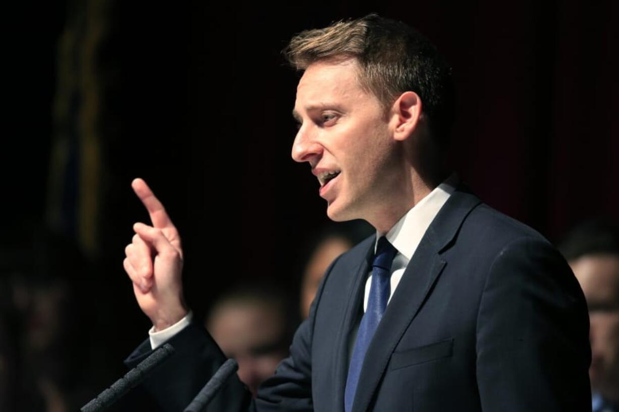 FILE - In this Nov. 9, 2016 file photo, Democrat Jason Kander concedes to Sen. Roy Blunt, R-Mo., during an election watch party at the Uptown Theater in Kansas City, Mo. A rising star in Democratic politics who dropped out of the race for mayor of Kansas City, Missouri, to get help for post-traumatic stress and depression is re-emerging in public life. And while Jason Kander isn’t ruling out another political run, he says it won’t be anytime soon.