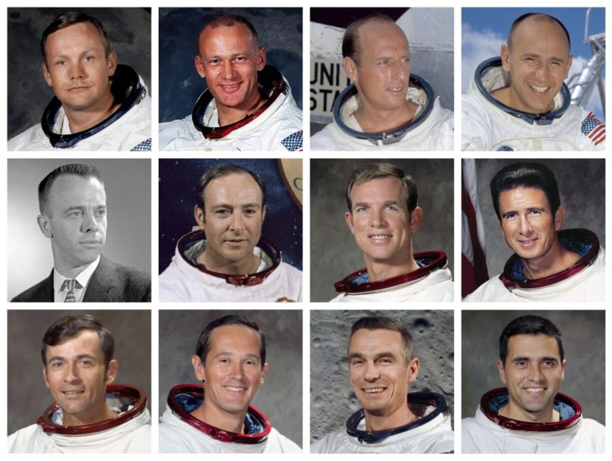 This combination of photos made available by NASA shows the 12 men who have walked on the moon. Top row from left are Neil Armstrong, Apollo 11 - 1969; Edwin “Buzz” Aldrin, Apollo 11 - 1969; Charles “Pete” Conrad, Apollo 12 - 1969 and Alan L. Bean, Apollo 12 - 1969. Middle row from left are Alan Shepard, Apollo 14 - 1971; Edgar D. Mitchell, Apollo 14 - 1971; David Scott, Apollo 15 - 1971 and James B. Irwin, Apollo 15 - 1971. Bottom row from left are John Young, Apollo 16 - 1972; Charles M. Duke Jr., Apollo 16 - 1972; Eugene A. Cernan, Apollo 17 - 1972 and Harrison “Jack” Schmitt, Apollo 17 - 1972.