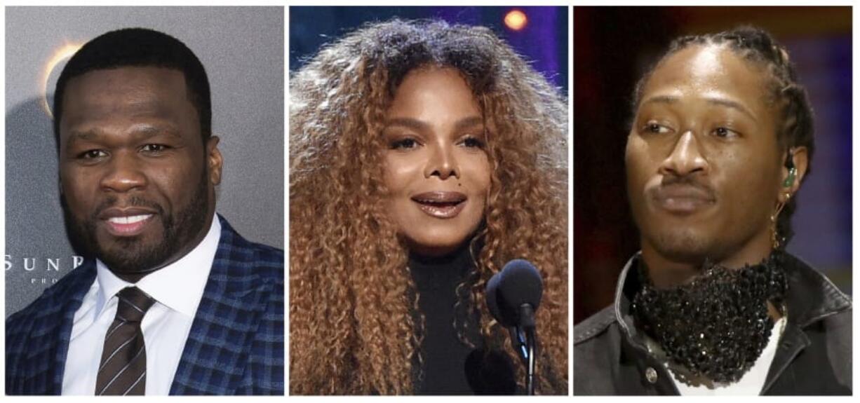 From left, rapper 50 Cent, singer Janet Jackson and rapper Future who have been added to the lineup for the Jeddah World Fest, the concert in Saudi Arabia.