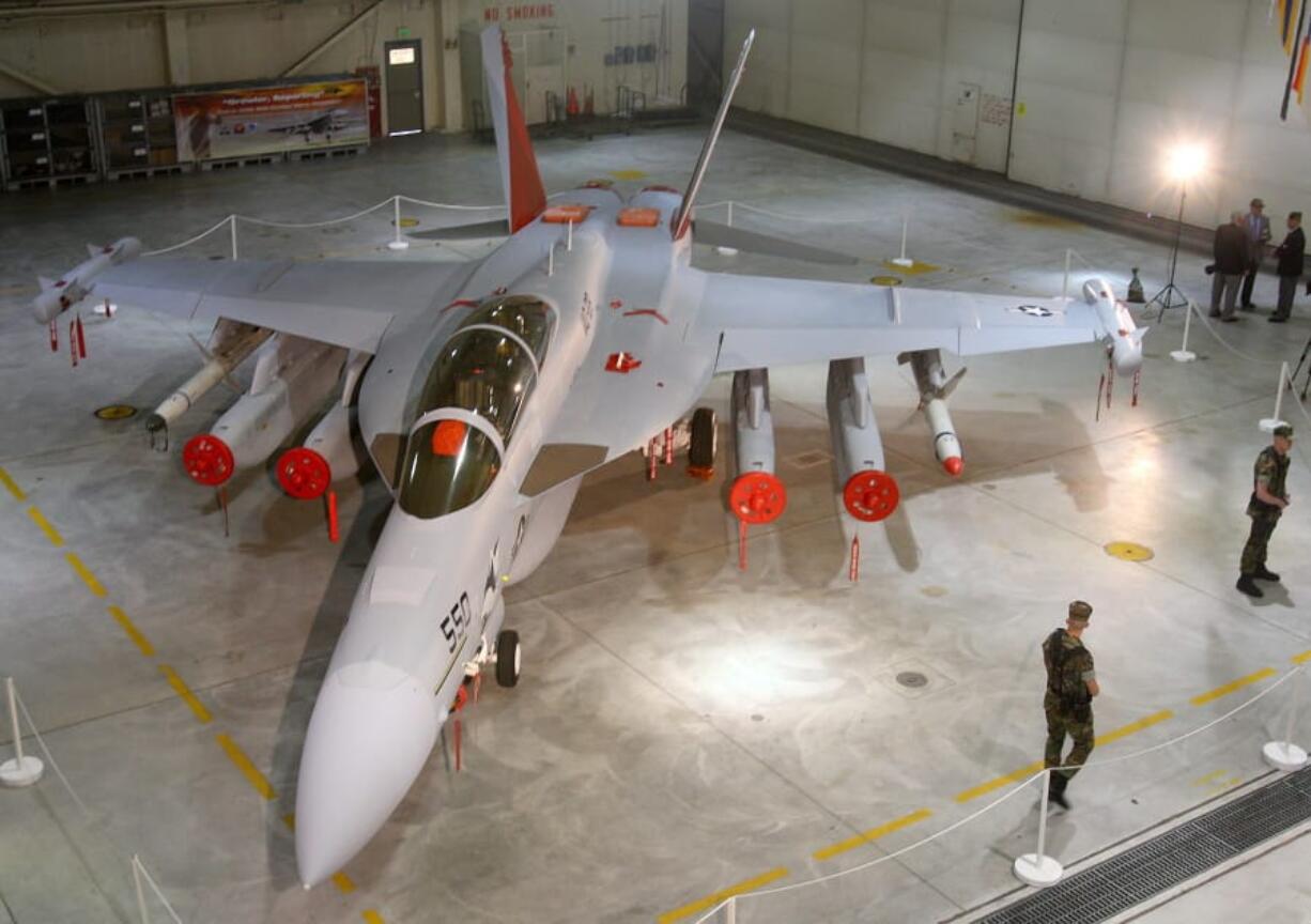 The Navy’s EA-18G Growler plane is seen June 3, 2008, in Oak Harbor, after it was unveiled in a ceremony at Naval Air Station Whidbey Island. Washington sued the Navy on Tuesday over its expansion of jet operations on Whidbey Island, saying officials failed to adequately consider the effect that additional noisy flights would have on people or wildlife.