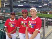 Ridgefield's Elizabeth Peery, right, along with MLB Pitch Hit & Run finalists Mariah Harrison of Fort Mitchell, Ala., left, and Danica Gutierrez of Maricopa, Ariz., representing the Arizona Diamondbacks, at Cleveland's Progressive Field on Saturday, July 6, 2019. Harrison won the 11-12 softball age group with Gutierrez second and Peery third.