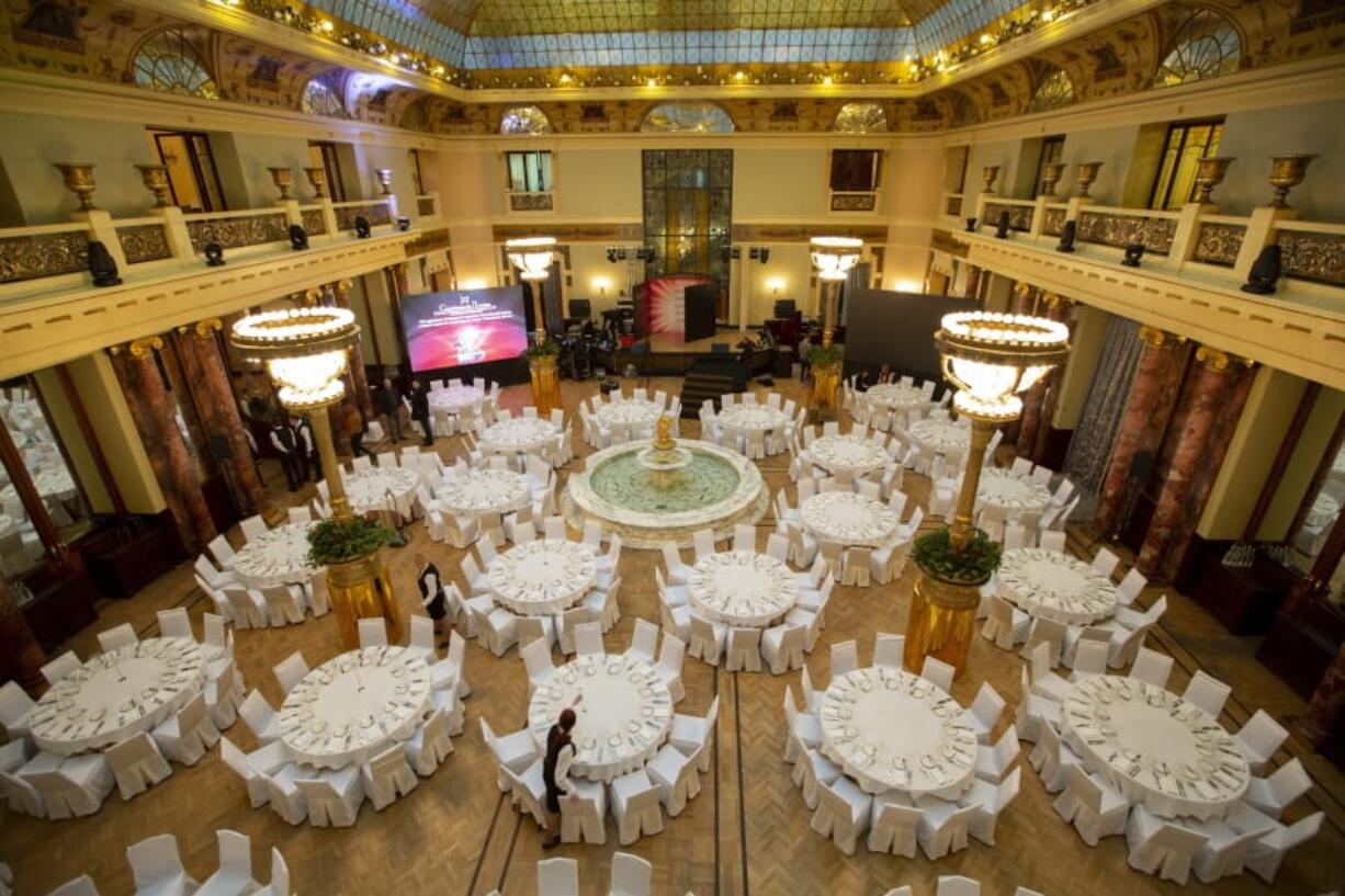 This photo taken on Thursday, Feb. 21, 2019 shows a view of the restaurant inside Moscow’s iconic Metropol Hotel in Moscow, Russia. The Metropol, across the street from the Bolshoi Theater and 500 meters from Red Square, became a favorite with world leaders and celebrities. In 2009, U.S. President Barak Obama also gave a speech at the hotel.