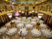 This photo taken on Thursday, Feb. 21, 2019 shows a view of the restaurant inside Moscow’s iconic Metropol Hotel in Moscow, Russia. The Metropol, across the street from the Bolshoi Theater and 500 meters from Red Square, became a favorite with world leaders and celebrities. In 2009, U.S. President Barak Obama also gave a speech at the hotel.