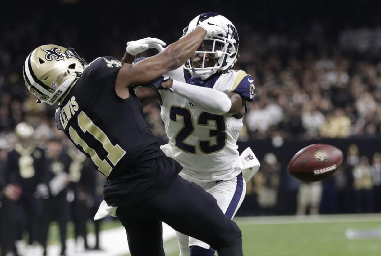 Los Angeles Rams’ Nickell Robey-Coleman breaks up a pass intended for New Orleans Saints’ Tommylee Lewis during the second half of the NFC championship game on Jan. 20, 2019, in New Orleans. A Louisiana judge has ordered that NFL Commissioner Roger Goodell and three officials from that game be questioned under oath in September about an infamous “no-call” that helped the Los Angeles Rams beat the New Orleans Saints in January’s NFC title game, an attorney said Monday, July 29, 2019.