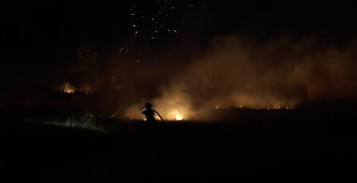 A firefighter from Fire District 6 puts out a field fire under the fireworks display at the Clark County Event Center at the Fairgrounds. The fire wasn't unexpected and the fire department was already on hand but the fire marshal ended the fireworks show early to 'err on the side of safety.' No one was injured and no buildings were damaged.