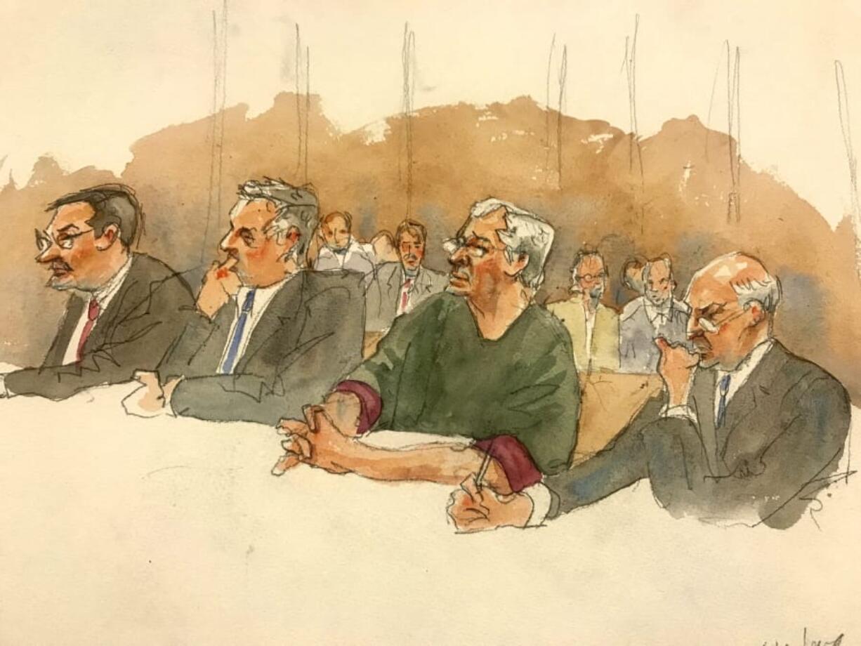 In this courtroom sketch, defendant Jeffrey Epstein, second from right, listens along with defense attorneys, from left, Marc Fernich, Michael Miller, and Martin Weinberg as Judge Richard M. Berman denies him bail during a hearing in federal court, Thursday, July 18, 2019 in New York.