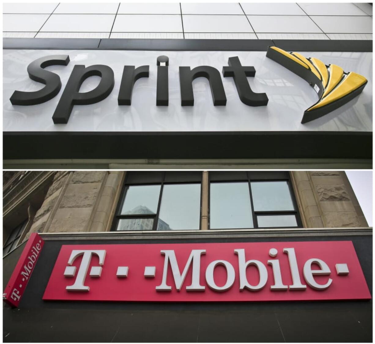 FILE - This combination of April 30, 2018, file photos shows signage for a Sprint store in New York’s Herald Square, top, and signage at a T-Mobile store in New York U.S. regulators are approving T-Mobile’s $26.5 billion takeover of rival Sprint, despite fears of higher prices and job cuts.