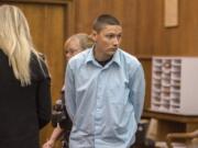 Jaycob Trotter, who pleaded guilty to first-degree manslaughter and was sentenced to 6½ years in prison in the vehicle dragging death of 16-year-old Cesar D. Ortiz-Velasco in May 2017, is taken into custody Monday morning in Clark County Superior Court.