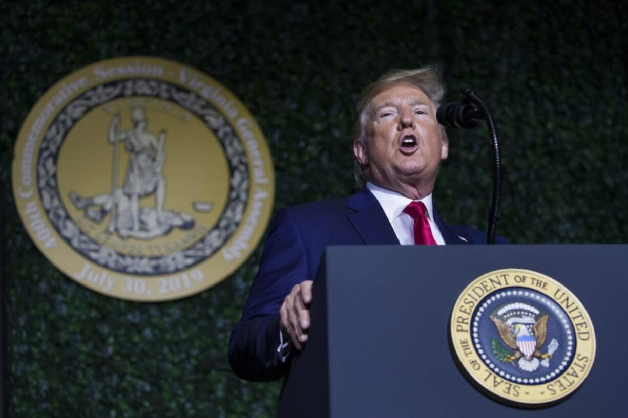 President Donald Trump speaks at an event marking the 400th anniversary of the first representative assembly, Tuesday, July 29, 2019, in Jamestown, Va.