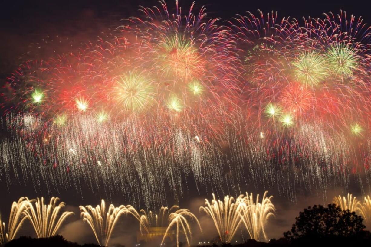 Fireworks explode over Lincoln Memorial, Washington Monument and U.S. Capitol, at the National Mall, during the Independence Day celebrations in Washington on Thursday, July 4, 2019, after President Donald Trump’s ‘Salute to America’ remarks at Lincoln Memorial.