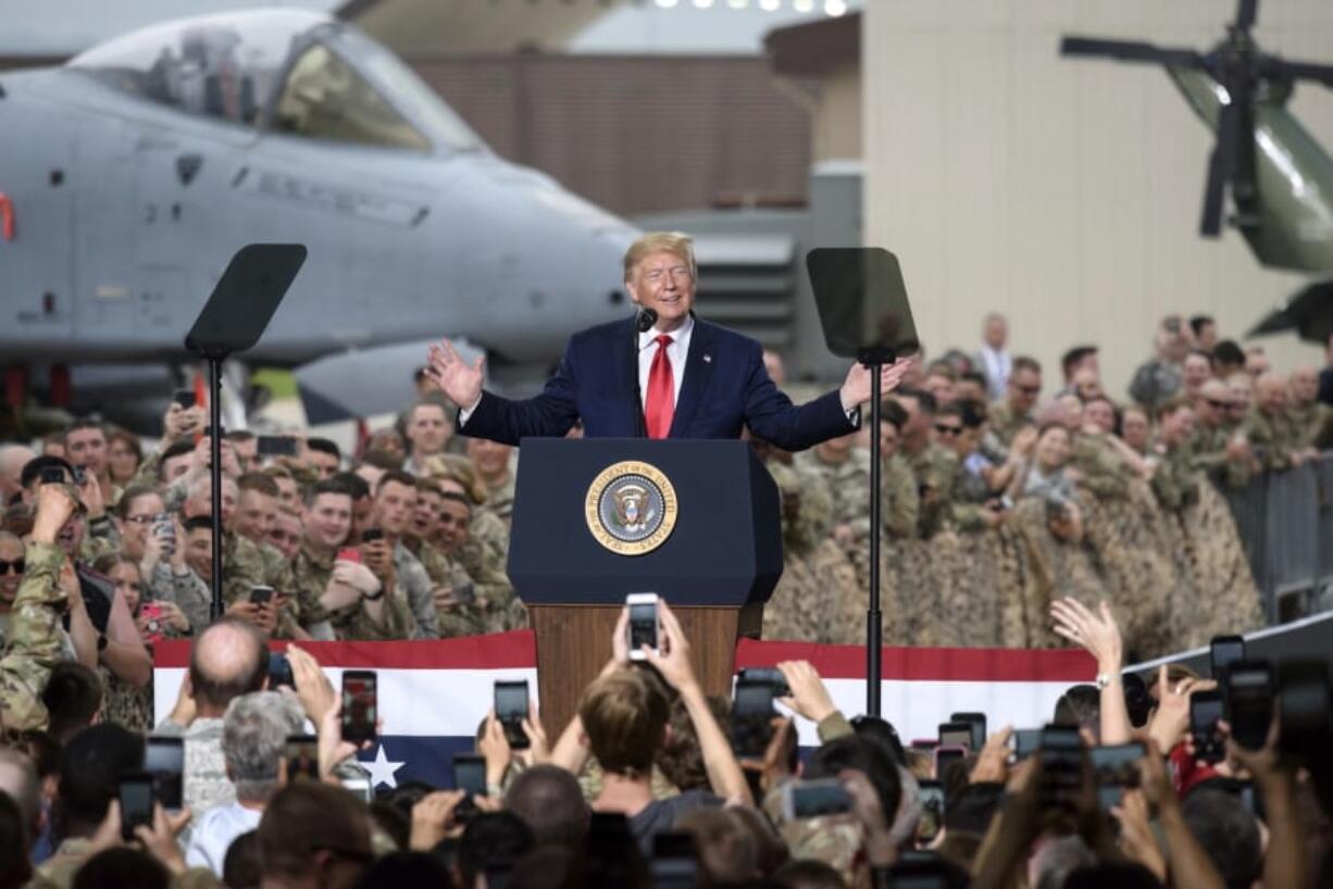 US President Donald Trump speaks to military personnel and their families stationed in South Korea in Osan Air Base, south of Seoul, Sunday June 30, 2019. With wide grins and a historic handshake, President Donald Trump and North Korea’s Kim Jong Un met at the heavily fortified Demilitarized Zone on Sunday and agreed to revive talks on the pariah nation’s nuclear program. Trump, pressing his bid for a legacy-defining deal, became the first sitting American leader to step into North Korea.