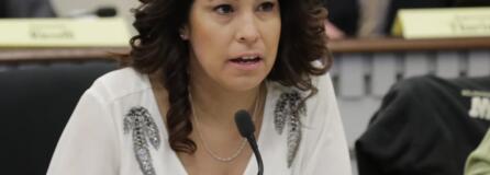 In this Feb. 8, 2019 photo, Rep. Monica Stonier, D-Vancouver, speaks during a committee meeting at the Capitol in Olympia, Wash. Stonier is one of the candidates vying to become speaker of the House in Washington state as House Democrats are poised to elect the first woman to the position in history when they take a scheduled vote at a caucus meeting Wednesday, July 31, 2019 in Seattle. The selection must then be approved by the full House at the start of the 2020 legislative session in January. (AP Photo/Ted S.