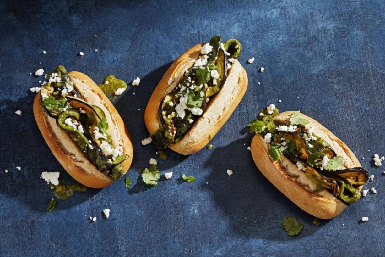 Grilled eggplant, zucchini and poblano ciabattas with queso fresco.