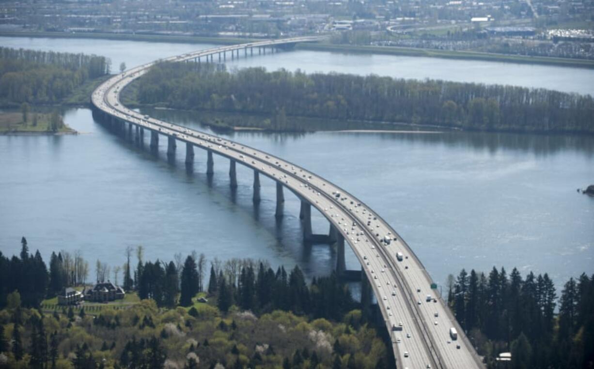 An aerial view of the Interstate 205 Bridge between Vancouver and Portland.