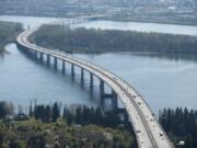 An aerial view of the Interstate 205 Bridge between Vancouver and Portland.