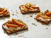 Ricotta Toasts With Peaches and Pistachios. MUST CREDIT: Photo by Tom McCorkle for The Washington Post.