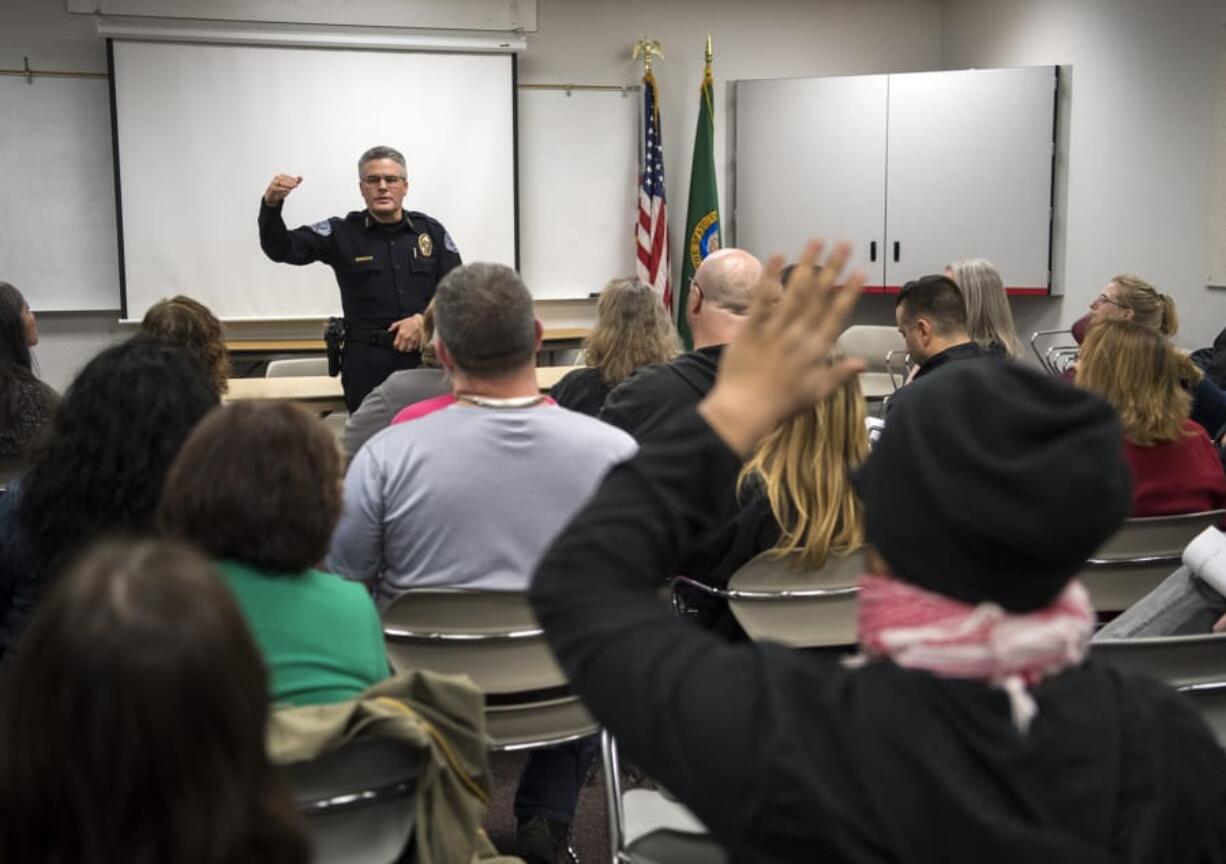 Vancouver Police Chief James McElvain speaks about officer-involved shootings during a March 13 Vancouver Neighborhood Alliance meeting at Fisher’s Landing Fire Station 9 in Vancouver.