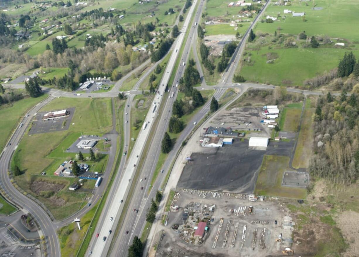 An aerial view of the 179th Street/Interstate 5 interchange north of Vancouver.