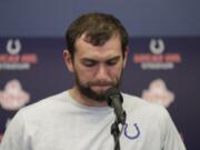 Indianapolis Colts quarterback Andrew Luck speaks during a news conference following the team's NFL preseason football game against the Chicago Bears, Saturday, Aug. 24, 2019, in Indianapolis. The oft-injured star is retiring at age 29.