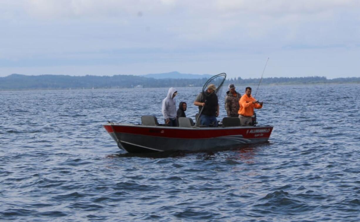 An angler fights a salmon at Buoy 10 at the mouth of the Columbia River. Almost a million coho salmon are expected to enter the Columbia River this fall, many of them headed back to Washington streams.