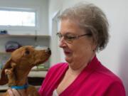 Lorraine Young hugs her dog, Andy, on a visit Aug. 12 to the vet after the dog received emergency spine surgery in July and is now almost fully recovered at St. Francis Veterinary Center in Swedesboro, N.J.