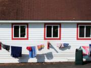 Towels and clothing hang to dry outside a cabin Aug. 15 during the weeklong Experience Camp at Camps Equinunk and Blue Ridge in Equinunk, Pa. The free program is for children who have lost a parent, sibling or caregiver and involves traditional summer camp experiences as well as clinical grief activities.