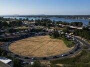 Traffic moves around the partial cloverleaf interchange from state Highway 14 onto southbound Interstate just north of the Interstate Bridge in Vancouver.