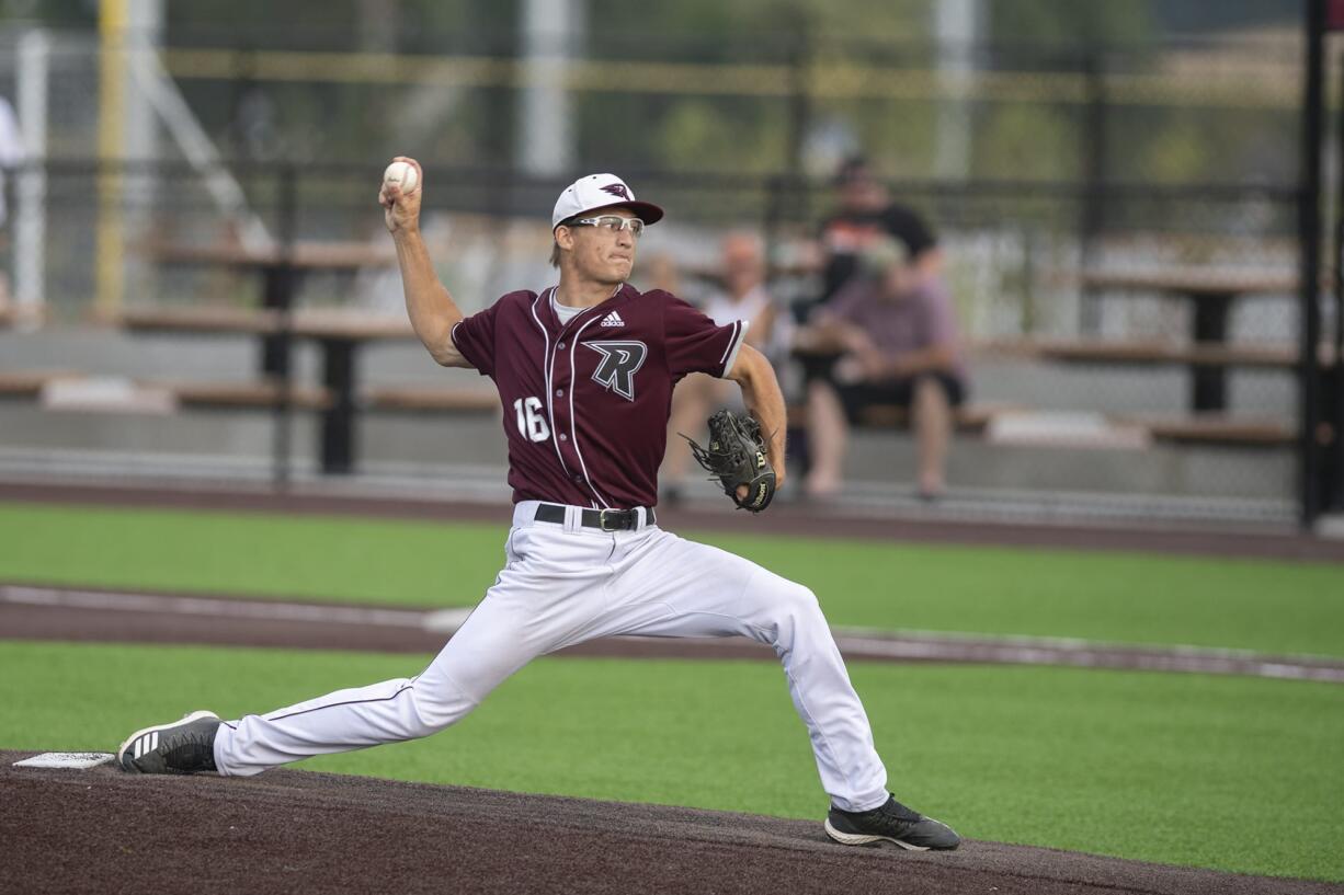 Ridgefield's Eli Shubert (16) delivers a pitch in the top of the first inning against the Bend Elks at the Ridgefield Outdoor Recreation Complex on Friday evening, August 9, 2019.