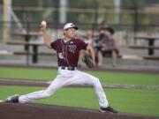 Ridgefield's Eli Shubert (16) delivers a pitch in the top of the first inning against the Bend Elks at the Ridgefield Outdoor Recreation Complex on Friday evening, August 9, 2019.