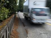 Traffic heads south over the Fruit Valley Road railway bridge, which has no bike lanes. There’s no wiggle room, and you have to be looking out for cars going 45 mph on a narrow roadway marked 35 mph, said Sally Butts, a ride leader with the Vancouver Bicycle Club.