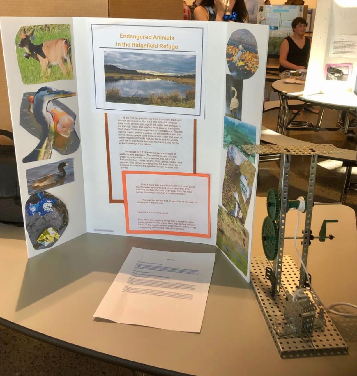 RIDGEFIELD: A science project created by View Ridge Middle School seventh-grader Xander Bredemeyer is displayed during Artistry Night at the Sunset Ridge Intermediate School and View Ridge Middle School campus. The project is designed to keep toxic chemicals from reaching endangered animals at the Ridgefield National Wildlife Refuge.