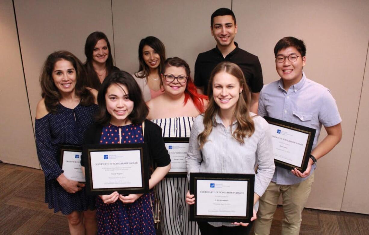 NORTH GARRISON HEIGHTS: PeaceHealth Southwest Foundation recently awarded $33,000 in scholarships to 17 students. Some of them include, front row, left to right, Nicole Nugent (junior volunteer, $4,500, public health degree), and Lilly Kovalenko (adult volunteer, $2,000, nursing degree); middle row, Isabel Gutierrez-Johnson (caregiver, $1,000, nursing degree), Juliah Larson (caregiver, $2,000, nursing degree), and Ryan Kwon (junior volunteer, $2,500, pre-med student); last row, Leayn VanDeven (caregiver, $2,000, nurse practitioner studies), Sari Munoz (caregiver, $2,000, physician’s assistant studies) and Ahmed Sheeti (adult volunteer, $2,000, pre-med student).