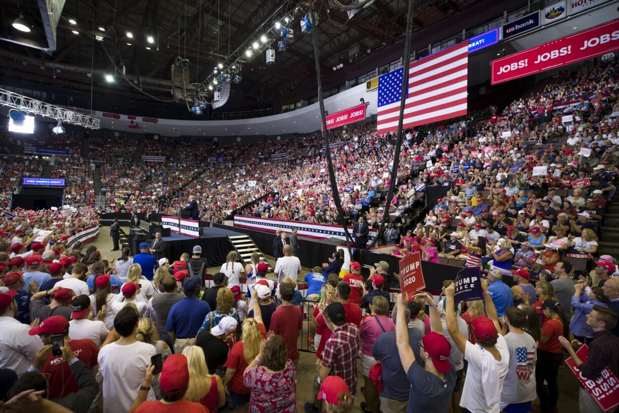 President Donald Trump speaks at a campaign rally Thursday, Aug. 1, 2019, in Cincinnati.