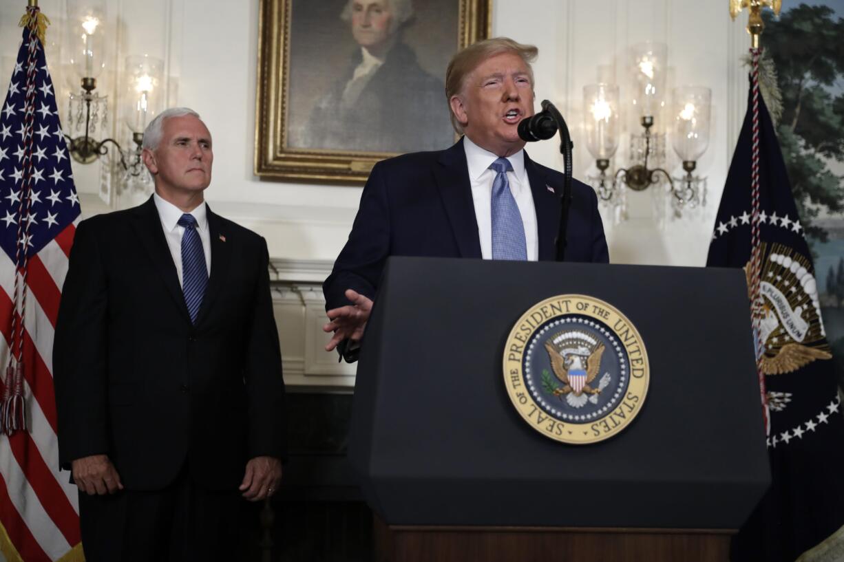 President Donald Trump speaks about the mass shootings in El Paso, Texas and Dayton, Ohio, in the Diplomatic Reception Room of the White House, Monday, Aug. 5, 2019, in Washington.