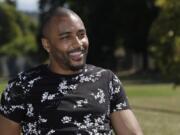 Former NFL football Seattle Seahawks wide receiver Doug Baldwin takes part in an interview Monday, Aug. 26, 2019, at the location in Renton, Wash. where he hopes to spearhead the construction of a community center. Baldwin is donating $1 million toward the project with the goal of raising another $5 million in collaboration with the city of Renton. Baldwin was released by the Seahawks in early May with a failed physical designation after an offseason where he underwent surgeries on his groin, shoulder and knee. (AP Photo/Ted S.