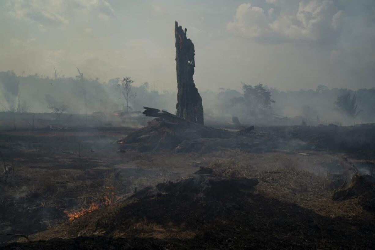 Land smolders during a forest fire in Altamira in Brazil’s Amazon, Monday, Aug. 26, 2019. The fire is very close to Kayapo indigenous land located on the Bau indigenous reserve.